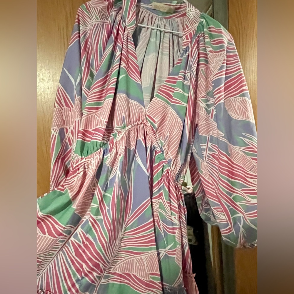 Vibrant Leaf-Print Babydoll Dress in Pink, Lavender & Mint
